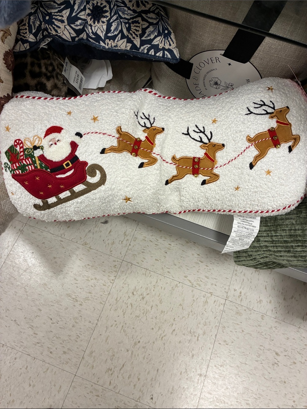 Holiday Santa & Reindeer Decorative Pillow - White